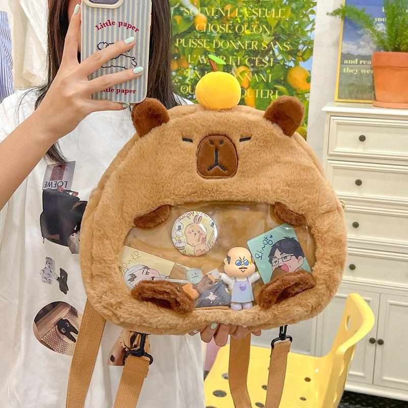 Cute Cartoon Capybara With Transparent Layer Can Hold Badge Plush Backpack