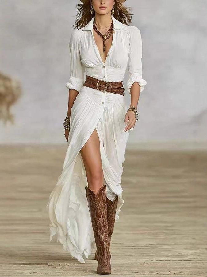 Sexy Irregular Pleated Belted Dress - Women's Solid Color Spring/Autumn Collection