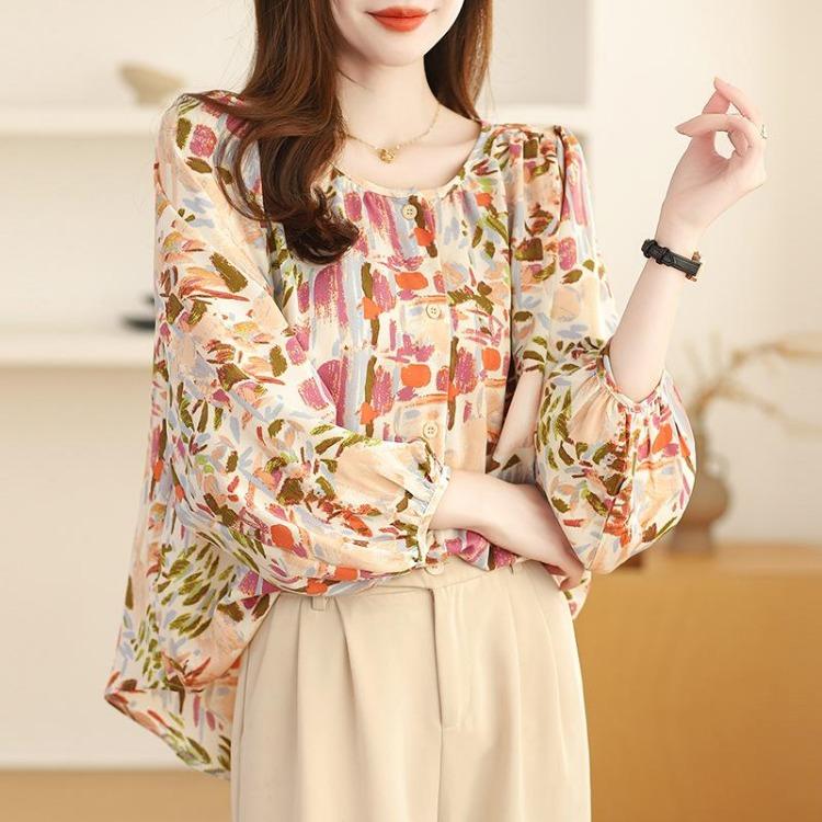 French Retro Floral Print Womens Shirt Trendy Blouse Feminine Tops