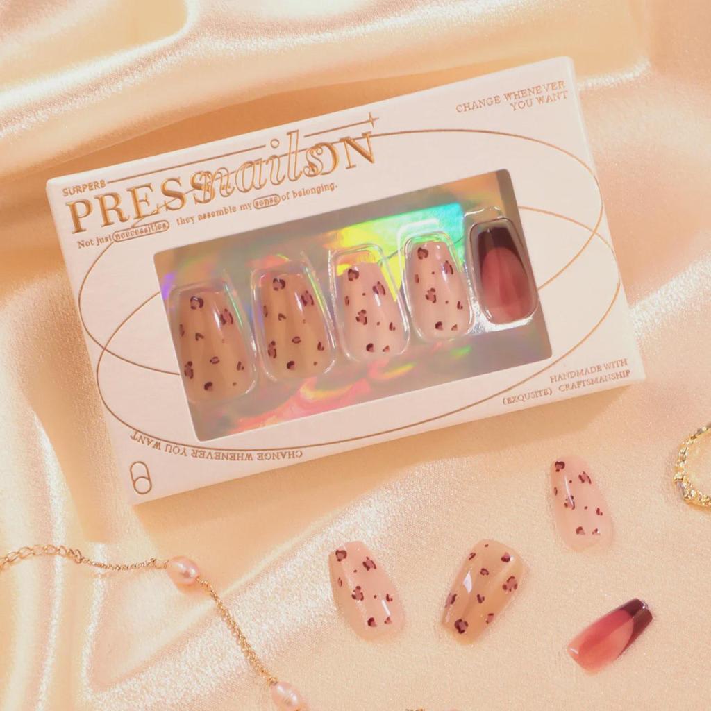 Leopard Print Cat Eye French Red Nail Art Set - Hot Girls' Wearable Nail Pieces