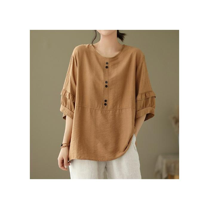 Summer Women Plus Size Round Neck Solid Color Tops Loose Cotton and Linen Button Comfortable Casual Short Sleeved T-shirt