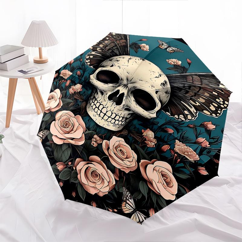 1pc skull flowers umbrella with 8 iron ribs and a plastic handle, automatic opening and closing, and daily use.1046