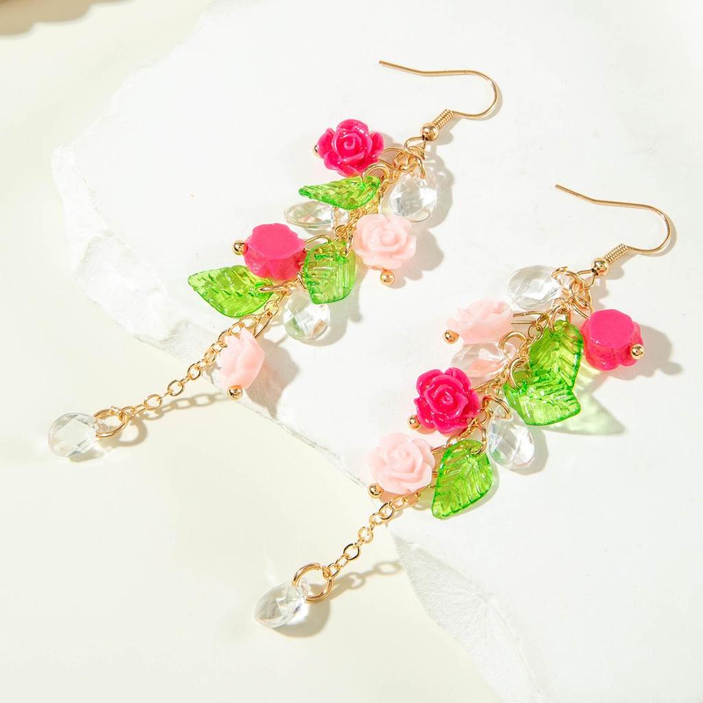 European and American Cross-Border Fashionable Elegant Colorful Rose Leaf Pendant Earrings for Women's Jewelry Forest Women's Style Earrings