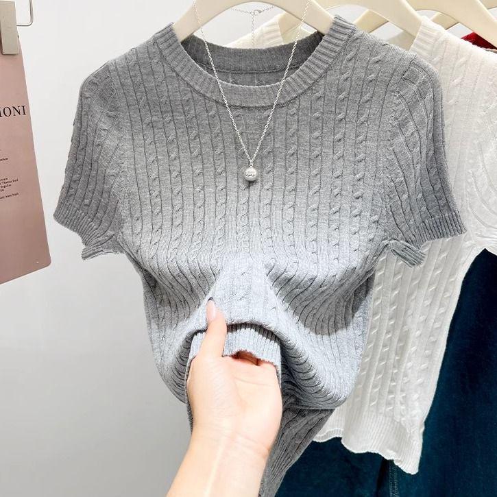 Women's Dark Blue Slim Fit Knit T-Shirt - Short Sleeve, Lightweight Summer Top.
