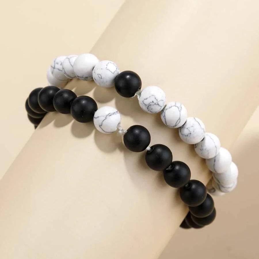 Women s Fashion Bracelet: Black Matte  White Turquoise Beaded Jewelry