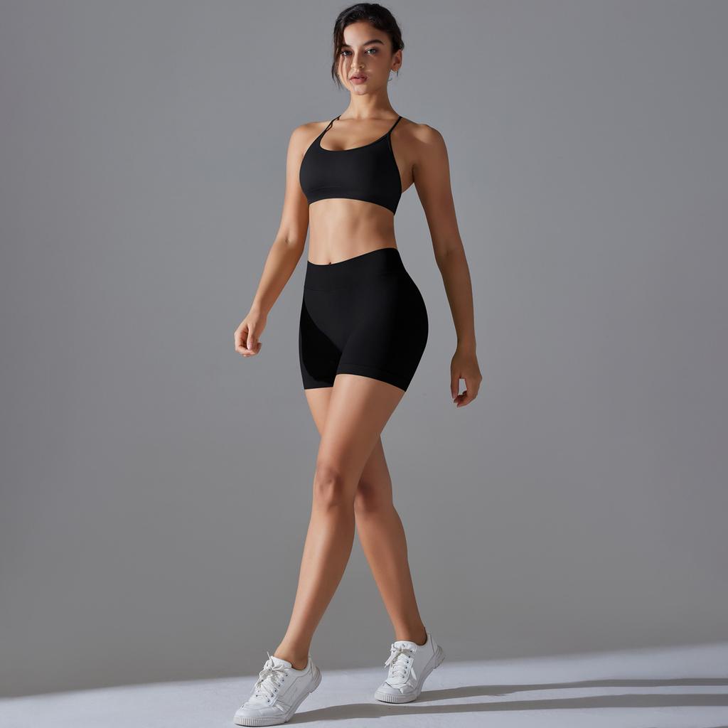 Seamless Solid Color Cross Beauty Back High Elastic Tight Sports Underwear Yoga Suit Running Fitness Two-piece Set