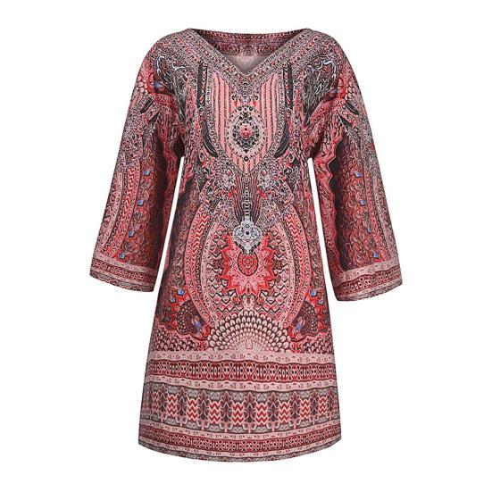 

V-neck 3/4 Sleeves Shift Design Holiday Dress Ethnic Style Bohemia Retro Print Woman Dress Female Clothes 3XL червоний