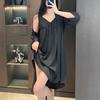French suspender nightdress women's medium and long imitation acetic acid with chest pad loungewear smooth and drape pajamas spring and summer