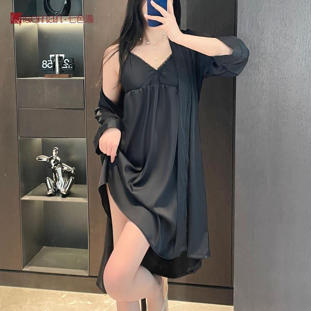 French suspender nightdress women's medium and long imitation acetic acid with chest pad loungewear smooth and drape pajamas spring and summer