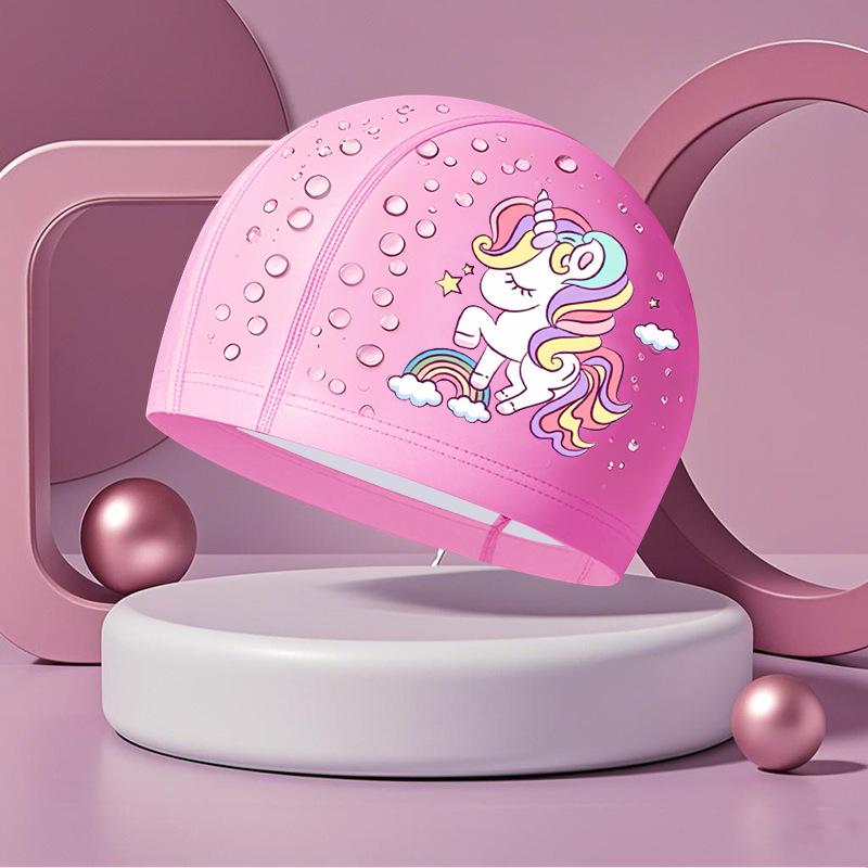 Comfortable Waterproof PU Swim Cap for Kids with Cartoon Print & Hair Protection