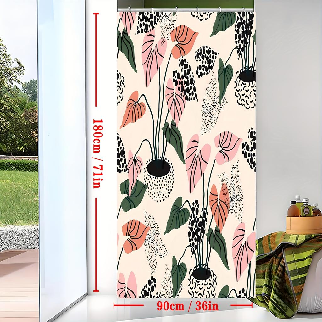 Water-Resistant Curtain - Abstract Plant & Dots, 71In, Polyester, 12 Hooks, Fits Bathtubs