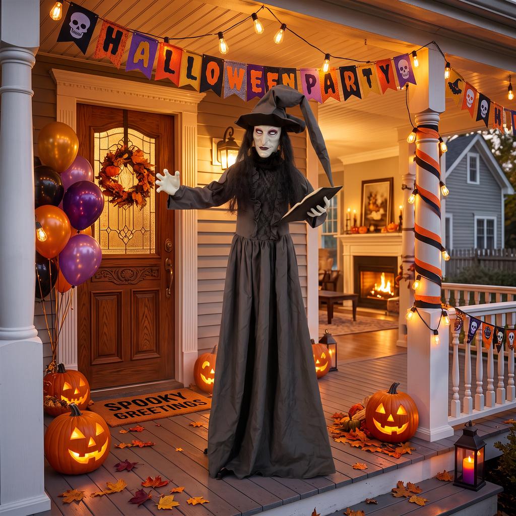 180 cm Halloween Animierte Hexe Dekoration Lebensgroß mit Leuchtenden Augen, Gruseligem Geräusch, Berührungsaktivierung