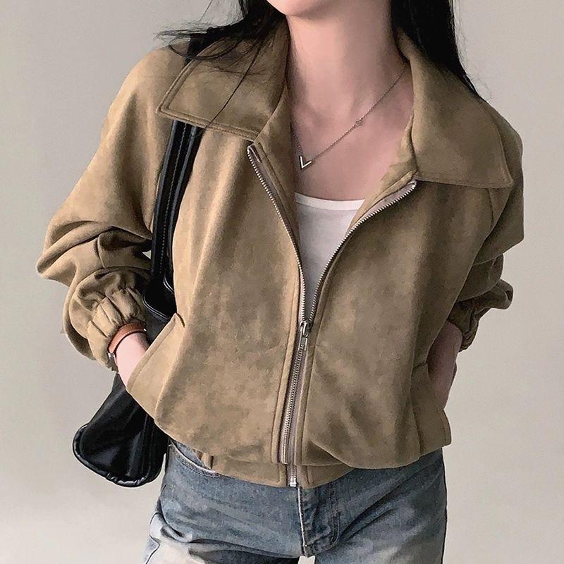 

Women Autumn Winter Casual Long Sleeve Lapel Zip Solid Color Suede Jacket Coat with Pocket M