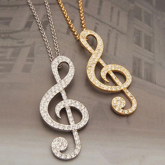 Fashion Women Fully Rhinestone Music Note Pendant Long Chain Sweater Necklace
