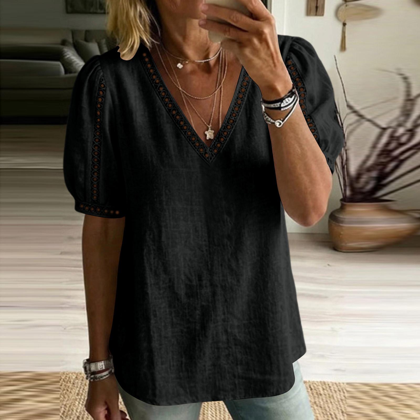 

Tank Top For Women Summer Outfits V Neck T Shirts Trendy Eyelet Sleeveless Basic Beach Vacation Clothes S чорний