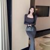 Spice Girl Solid Color T-shirt Dress Women's Autumn and Winter Long-sleeved Slim-fitting Skirt Waist Medium and Long Hip-wrapped Fishtail Skirt