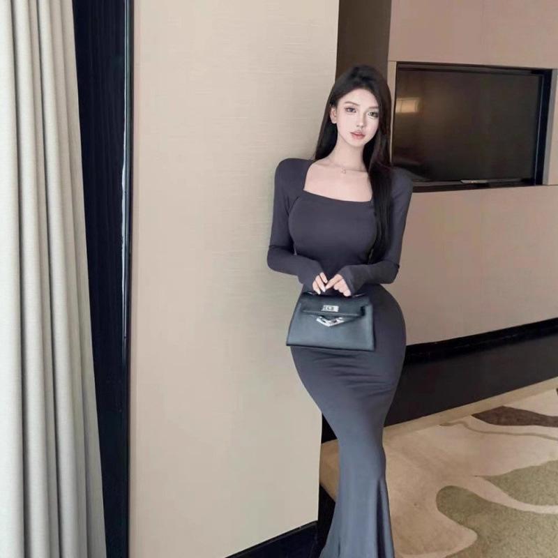Spice Girl Solid Color T-shirt Dress Women's Autumn and Winter Long-sleeved Slim-fitting Skirt Waist Medium and Long Hip-wrapped Fishtail Skirt