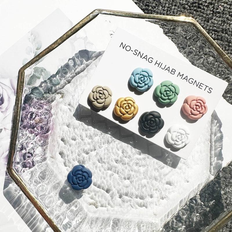 8 párů magnetických špendlíků na hidžáb Barevná brož ve tvaru kamélie Univerzální spona na šátek Šperky Elegantní klipy pro šátky
