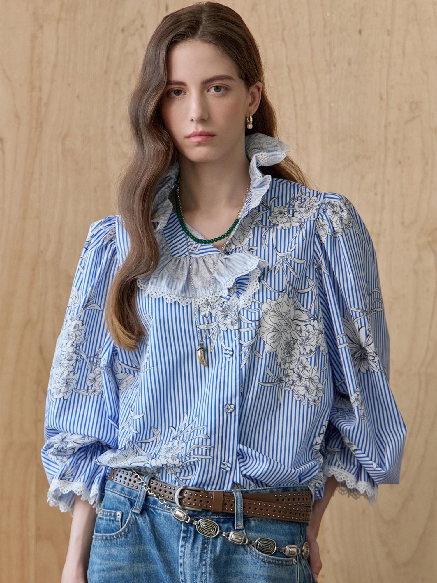 Maja Flower Drawing Lace Frill Stripe Blouse Blue/Free