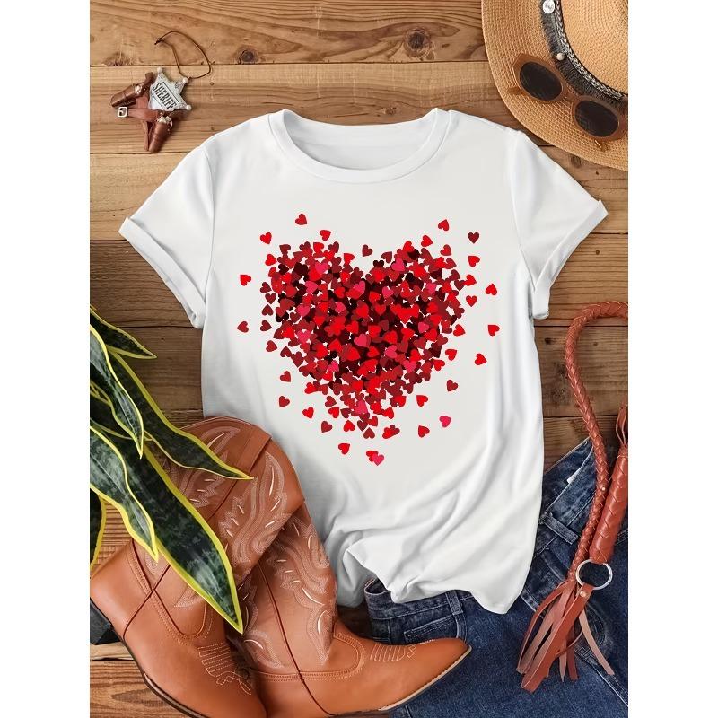 European Size Red Heart Graffiti Valentine'S Day Print | Short Sleeve Round Neck T-shirt for Women, Spring and Summer, Casual Style