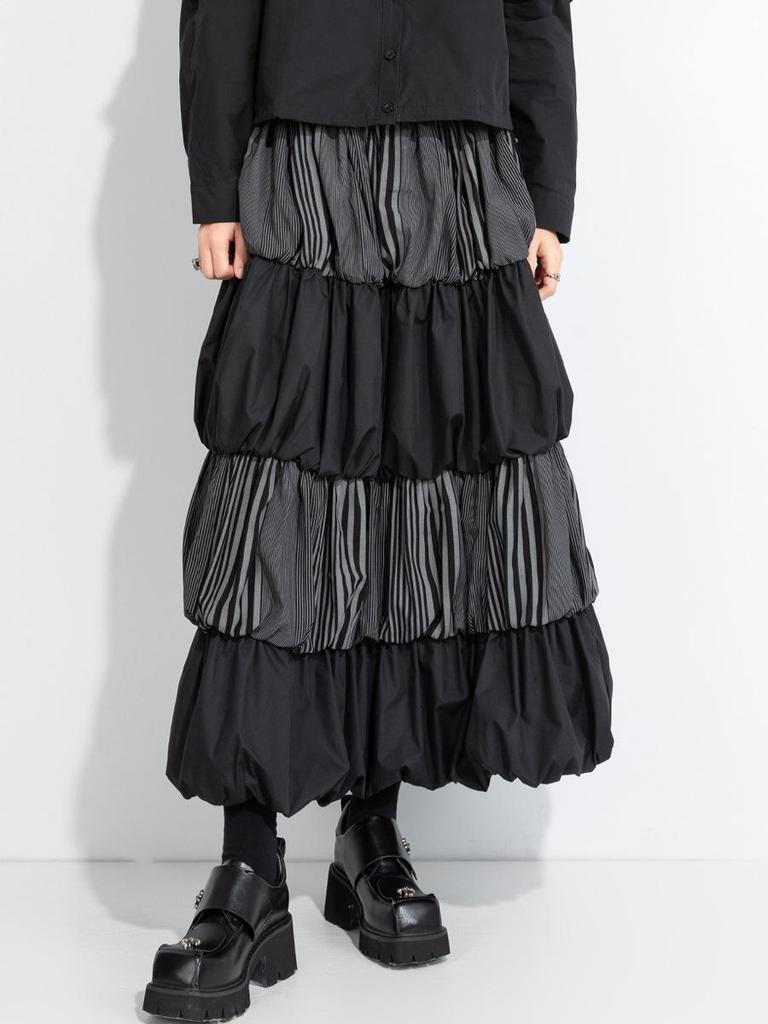 Nouvelle Jupe Midi Patchwork Taille Haute 2025 - Style Lanterne Bouffante pour Femmes pour le Printemps et l'Automne