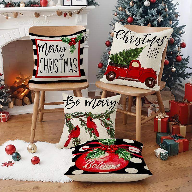 New Red Truck Christmas Pillowcase Linen Printed Pillowcase Festive Room Sofa Decoration Cushion Cover