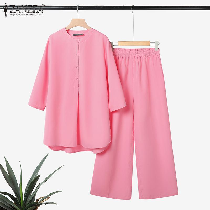 ZANZEA Women 3/4 Sleeve Long Blouse and Pants Casual Two Piece Suit Sets