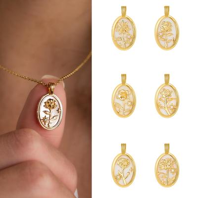 12 Birthstone Flower Collar Zircon Choker Necklace for Women Gold Plated White Shell Oval Pendant Necklace Charm Jewelry Gifts