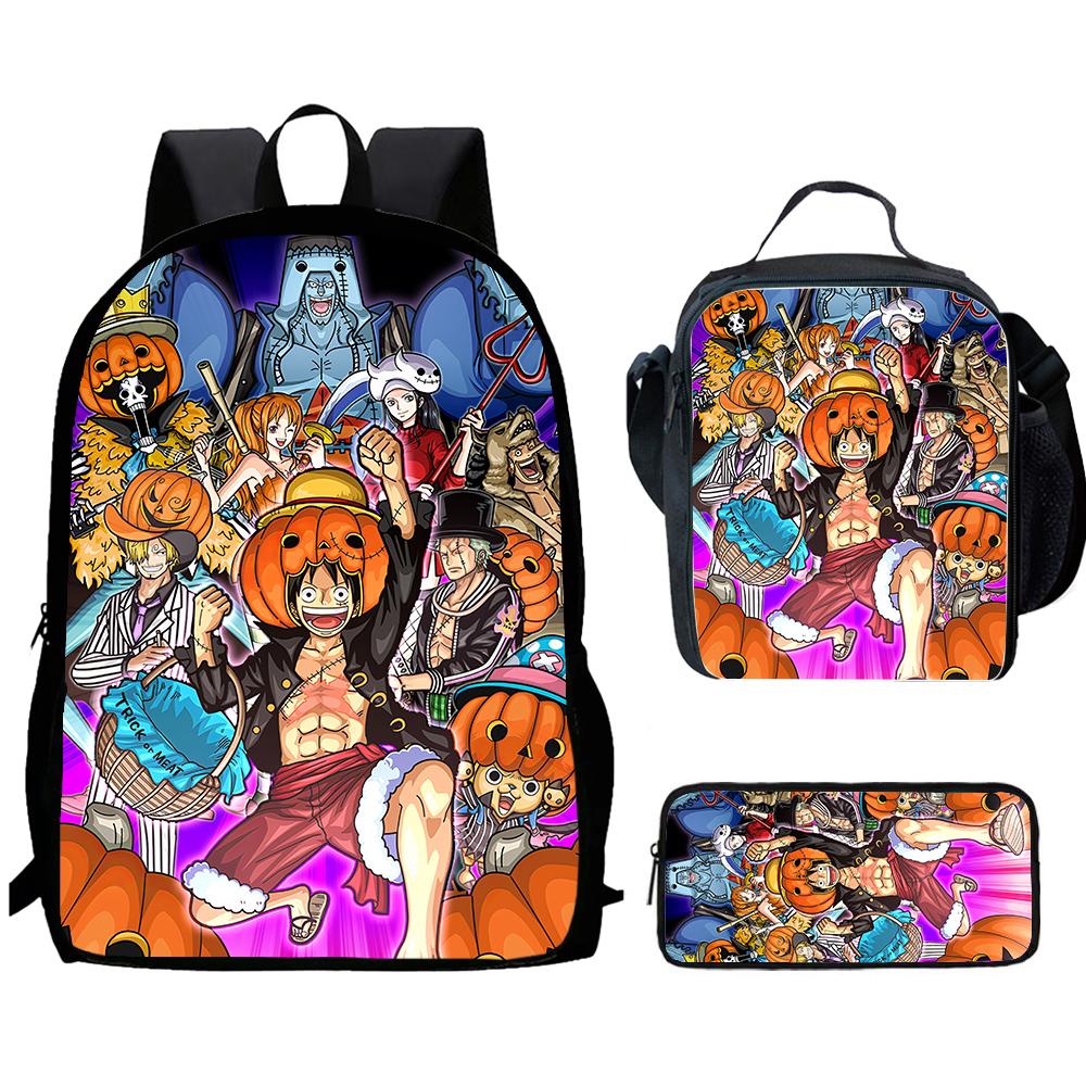 One Piece 15-Inch Mochila 3 Pcs Lightweight Adjustable Cartoon School Backpack With Lunch Bag Pencil Case For Children Ages 6-10