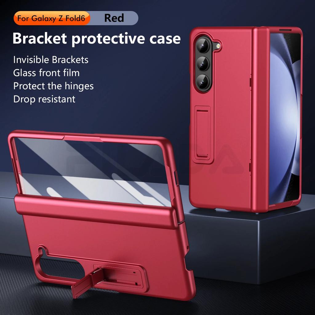 Luxuriöse Ultra Dünne Hautgefühl Halterung Hülle Faltbares Scharnier mit Gehärteter Folie Hartschalen Zubehör für Samsung Galaxy Z Fold 6 5 4 3 Ständer mit Halter