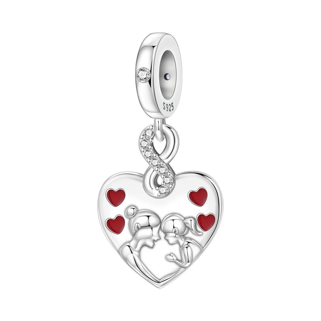 Orstarry S925 Silver Charm Loving Mom and Child Heart Bead Pendant For Bracelet DIY Jewelry Making Mother's Day Gift