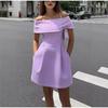 Women Simple Patchwork Off The Shoulder Party Dress Spring Summer Short Sleeve Mini Dress Slash Neck Solid Color Ladies Dress