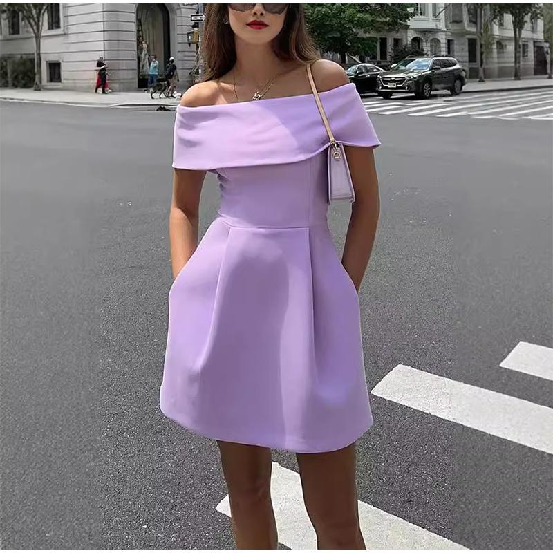 Women Simple Patchwork Off The Shoulder Party Dress Spring Summer Short Sleeve Mini Dress Slash Neck Solid Color Ladies Dress