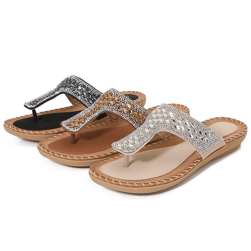 New Bohemian Cool Slippers Women's Summer Rhinestones Evening Wind Flat Bottom Round Head Pinch Feet Open Toes