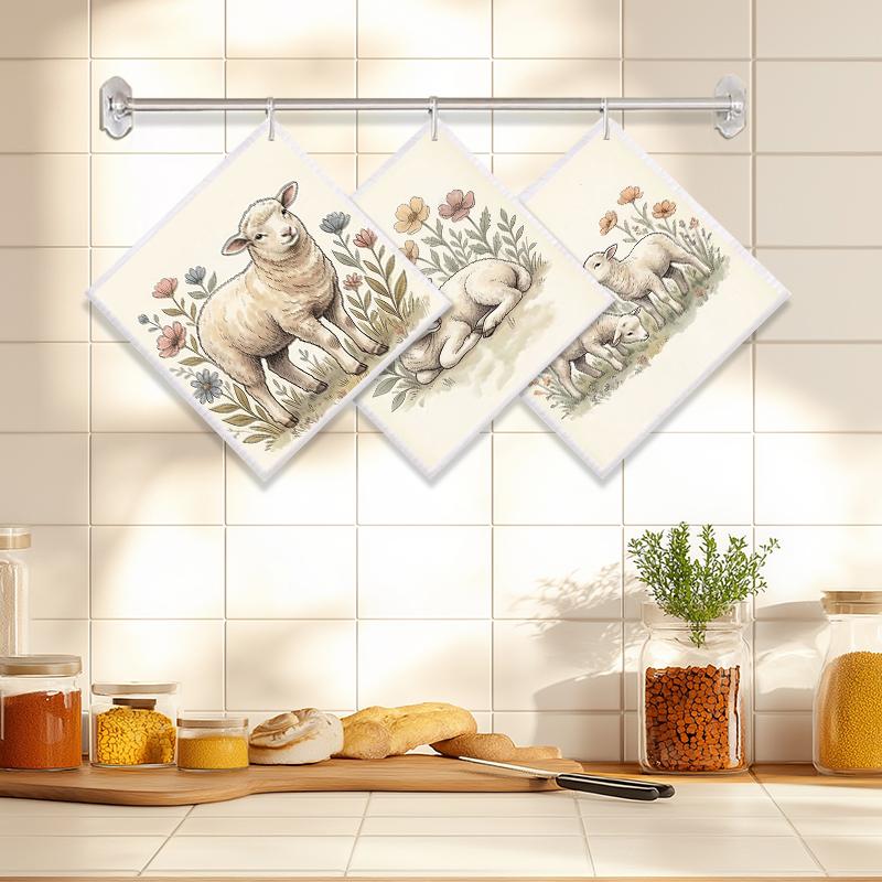 6PCS Kitchen Dishcloths Reusable Cleaning Dish Towels Absorbent Lint Free Cloth Washable Duster Rags Tea Towels Sheep Pattern Dishcloth
