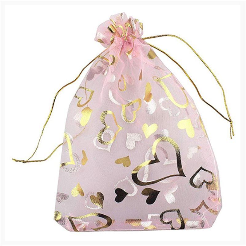A33R-9X12cm Heart Printed Pink Organza Bags Jewelry Pouch Bags Organza Drawstring Pouches