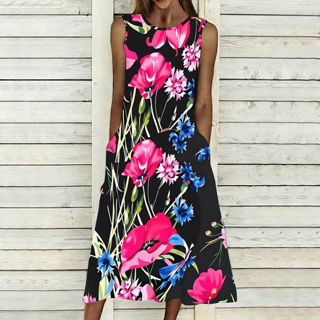 Ladies Oversized Sleeveless Crew Neck Dress Vintage Floral Branch Printed Flowy Calf Length Dress