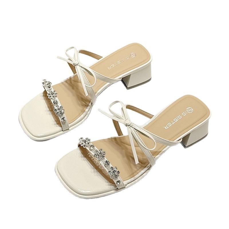 2025 summer new fairy wind bow with skirt crystal slippers foreign trade French beautiful rhinestone slippers