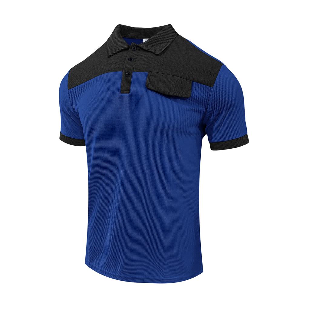 Men's Casual Waffle Top T-Shirt Color Blocked Collar Short Sleeved Top Outdoor Versatile Fashion Summer Outdoor Tees