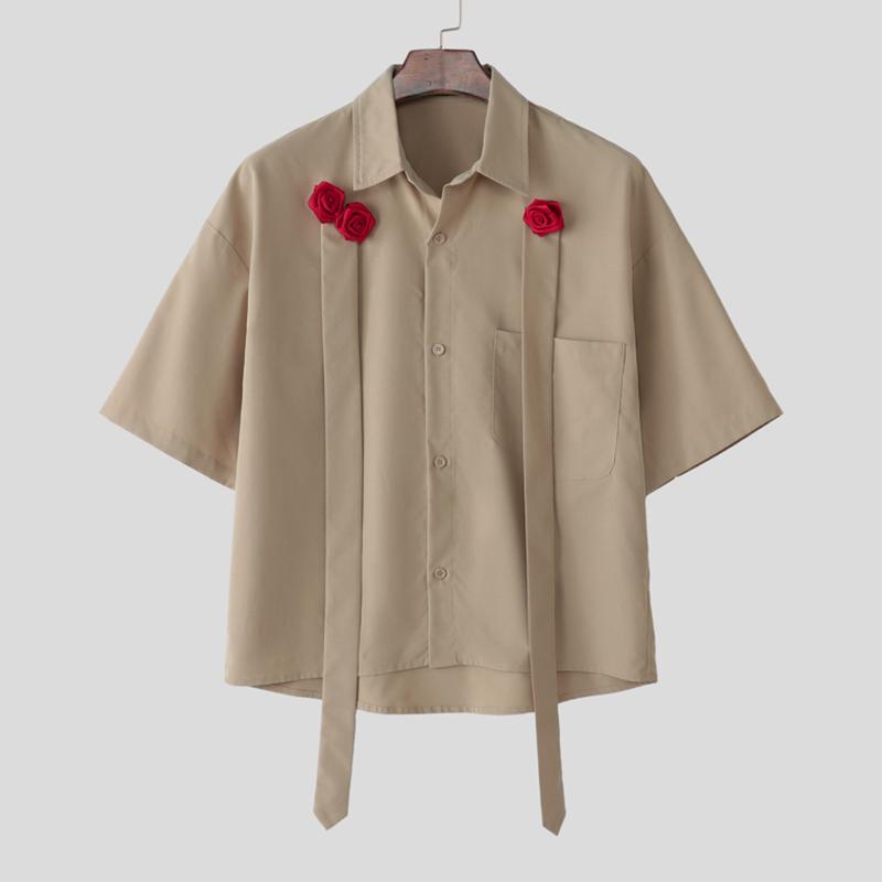 

INCERUN Oversized Men Lapel Neck Short Sleeve Flowers Causal Tassel Shirts 5XL хаки