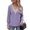 Fall Winter New Solid Color V-Neck Lace Splicing Loose Long Sleeve T-Shirt Top for Amazon EU US Cross-border Trade