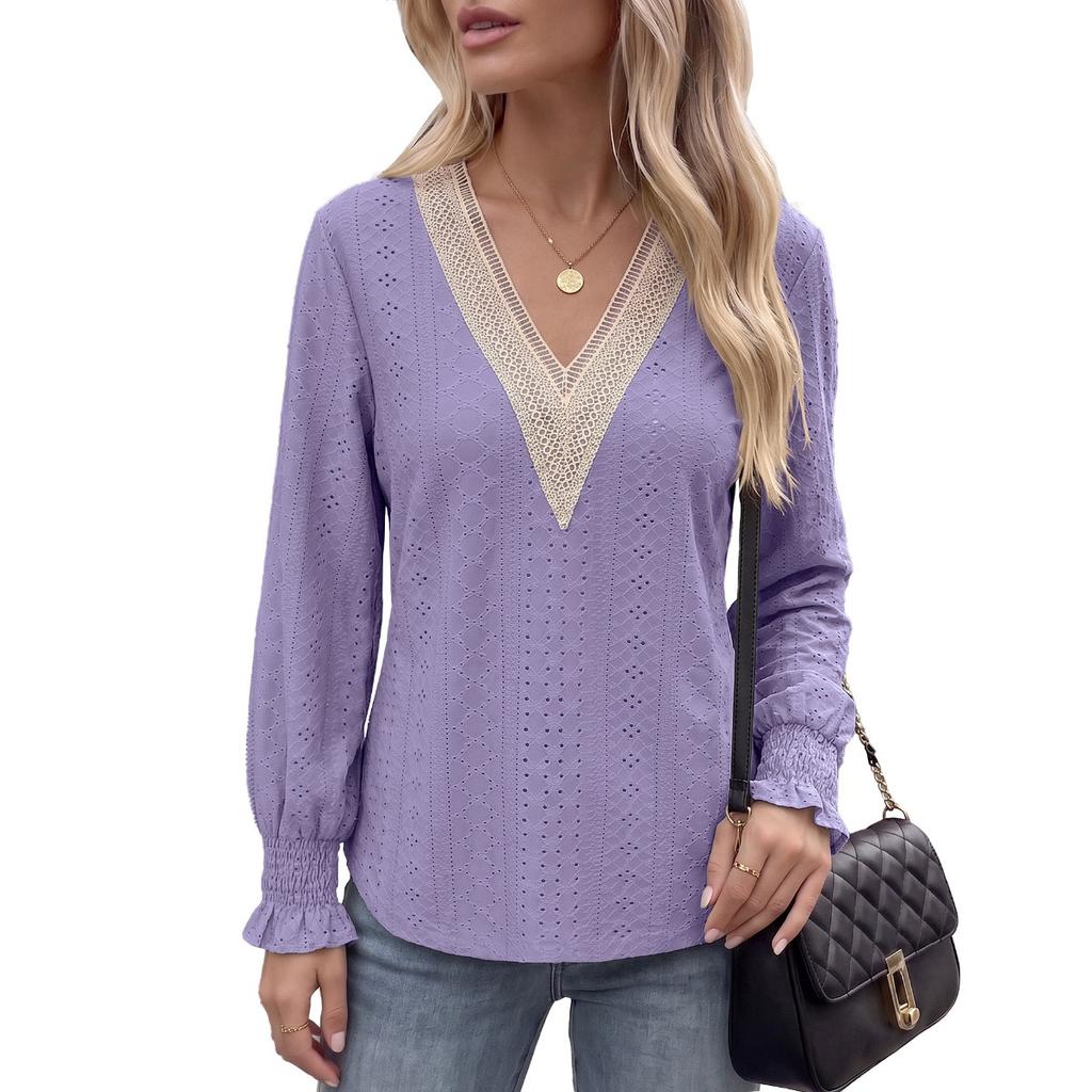 Fall Winter New Solid Color V-Neck Lace Splicing Loose Long Sleeve T-Shirt Top for Amazon EU US Cross-border Trade