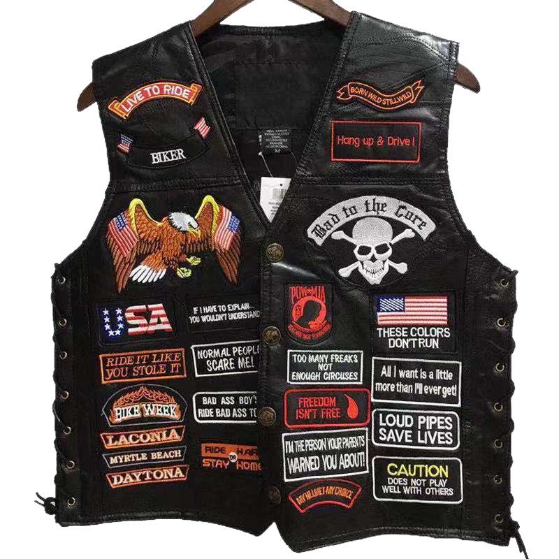 Chaleco de Cuero Patchwork Americano Harley para Hombre para Ciclismo con Parches Bordados, Talla 42