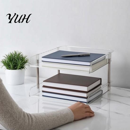 Stackable Office Storage Clear Desk Organizer, Transparent Layers PET File Rack, Stationery Box Space Saving Organizer for A4 Documents And