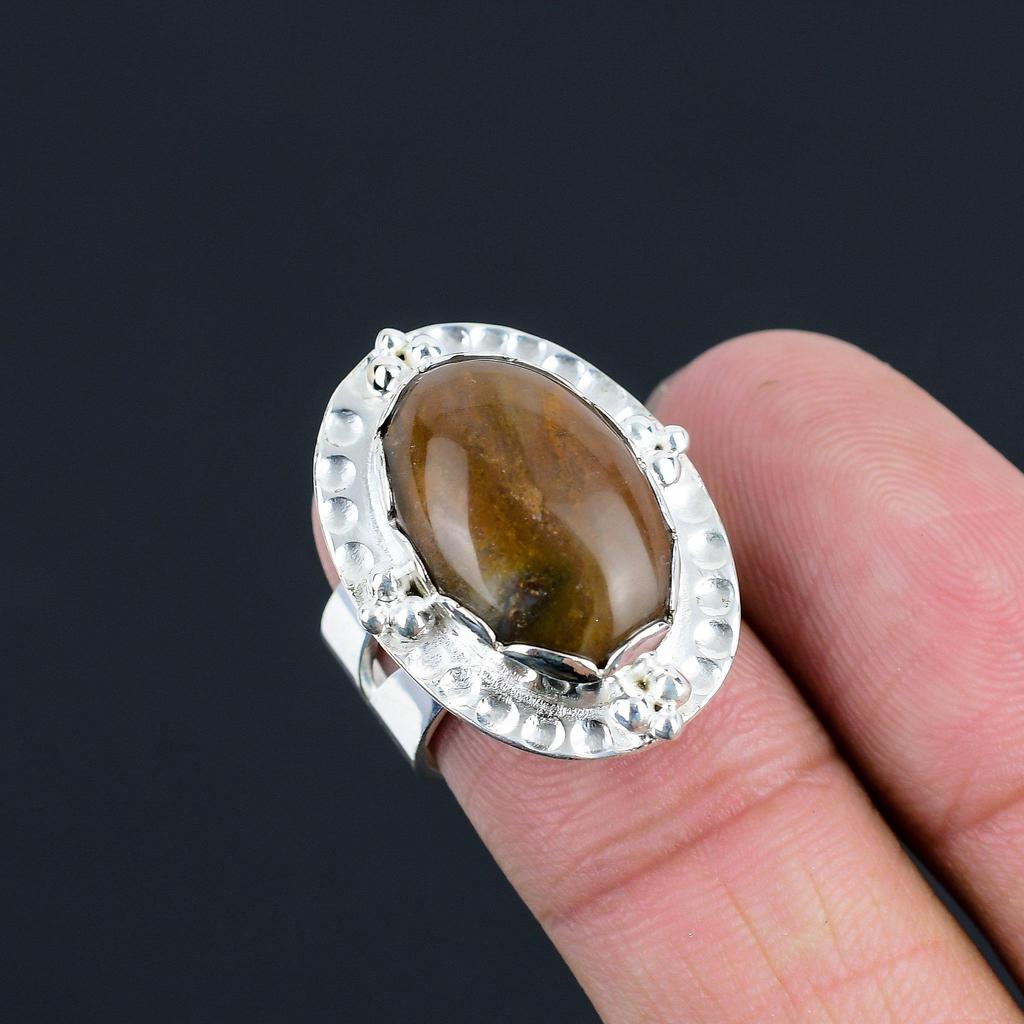925 Sterling Silver Natural Plume Agate Statement Daughter Ring Jewelry US 7.5