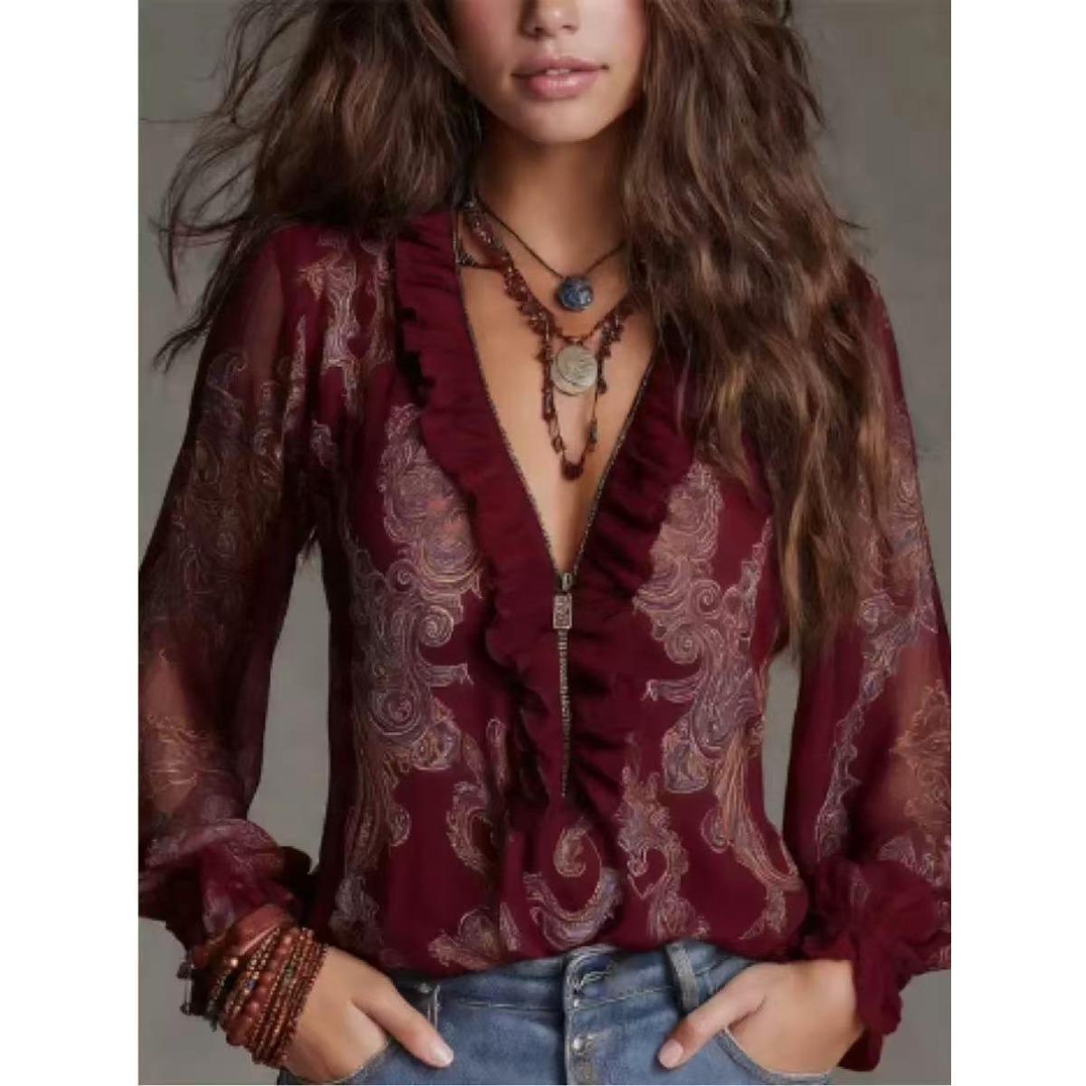 Women s V Neck Ruffle Trim Zip Front Paisley Print Long Sleeve Loose Sheer Chiffon Blouse Top XS