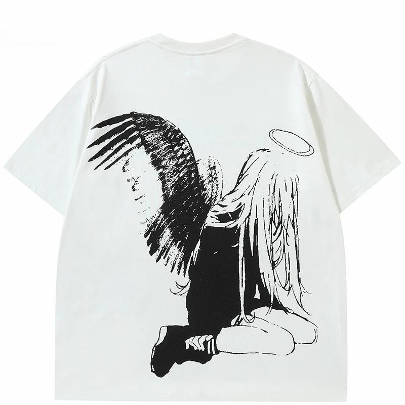 Harajuku Men Tshirt Streetwear Japanese Anime Tops Angel Wings Graphic Clothing 2024 Summer Black TShirt Cartoon Tee Cotton Y2K S