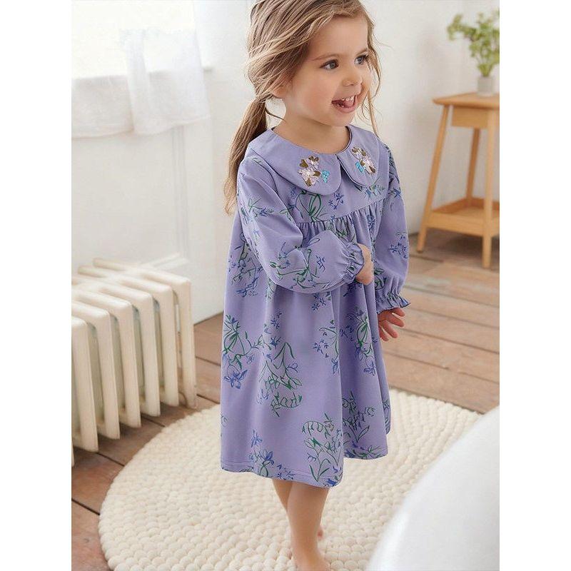 Foreign Trade Children's Doll Collar Dress 2025 Autumn and Winter New European and American Style Purple Long-Sleeved Girl Princess Dress