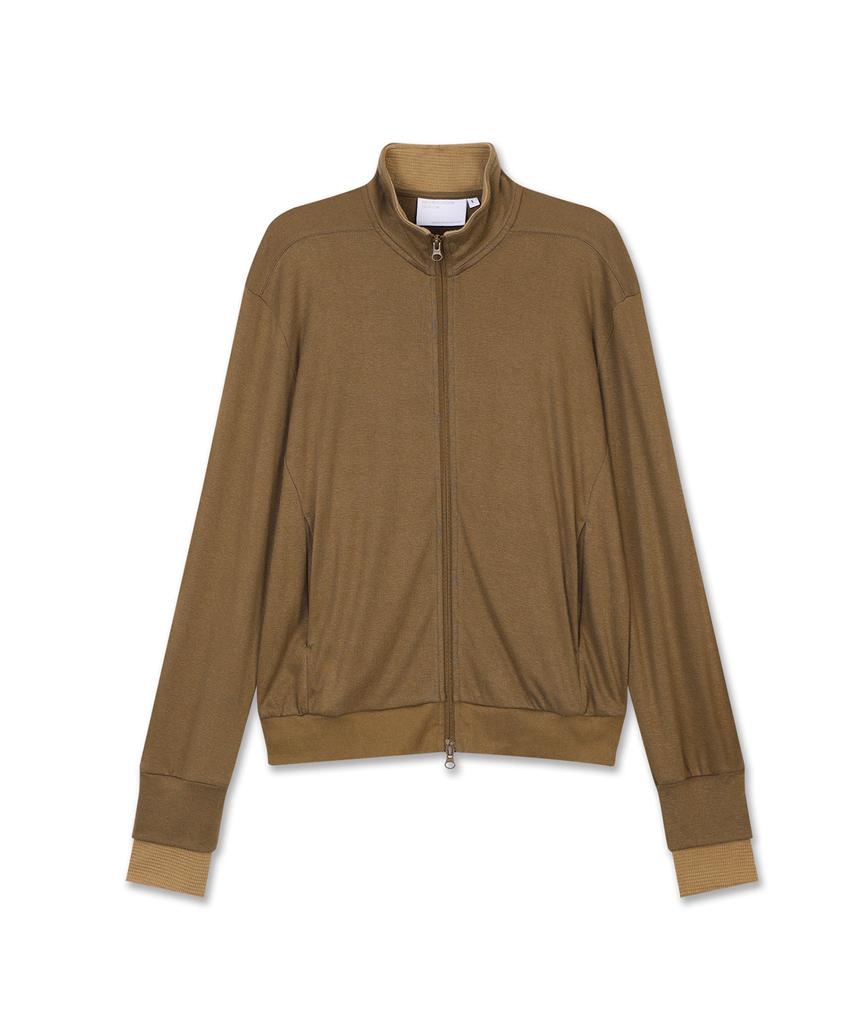 MICHIKO LONDON SPORTS Soft Jersey Layered High-Neck Zip-Up Khaki Brown