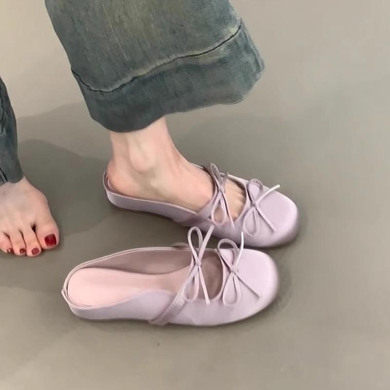 French outer half slippers inner height increase 2025 summer new gentle fairy style single shoes bow cool slippers woman